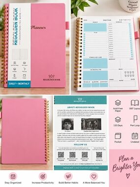Regolden Undated Daily Monthly Planner Productivity Self Care Habit Tracker Pink